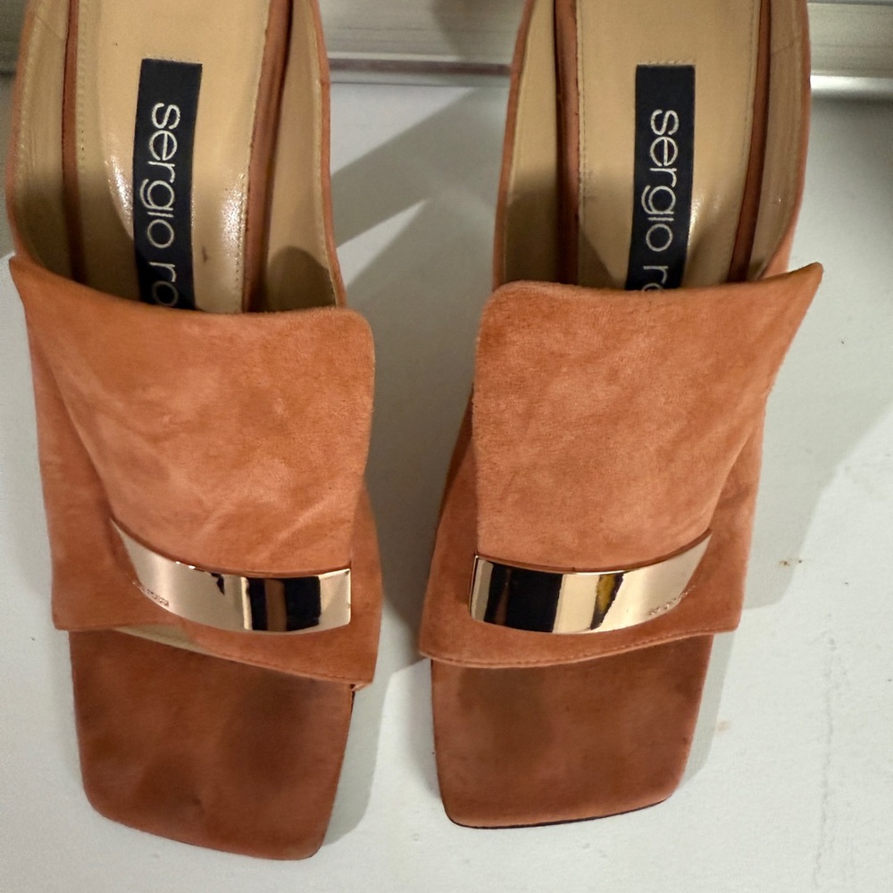 Sergio Rossi Tan Mules with Gold Accent